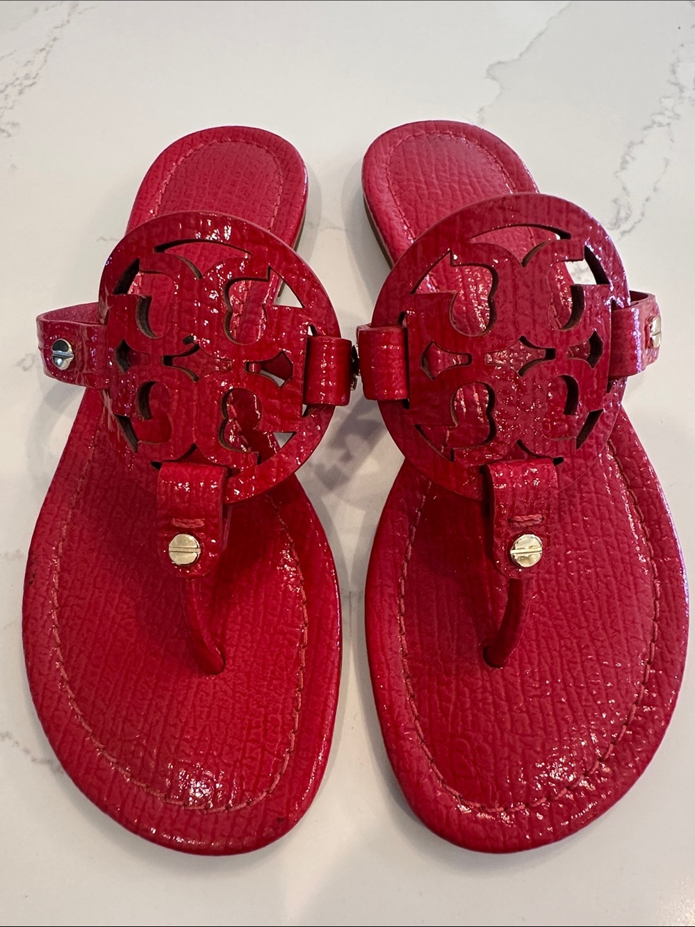 Tory Burch Miller Sandals Red Patent Textured Leather Size 5.5